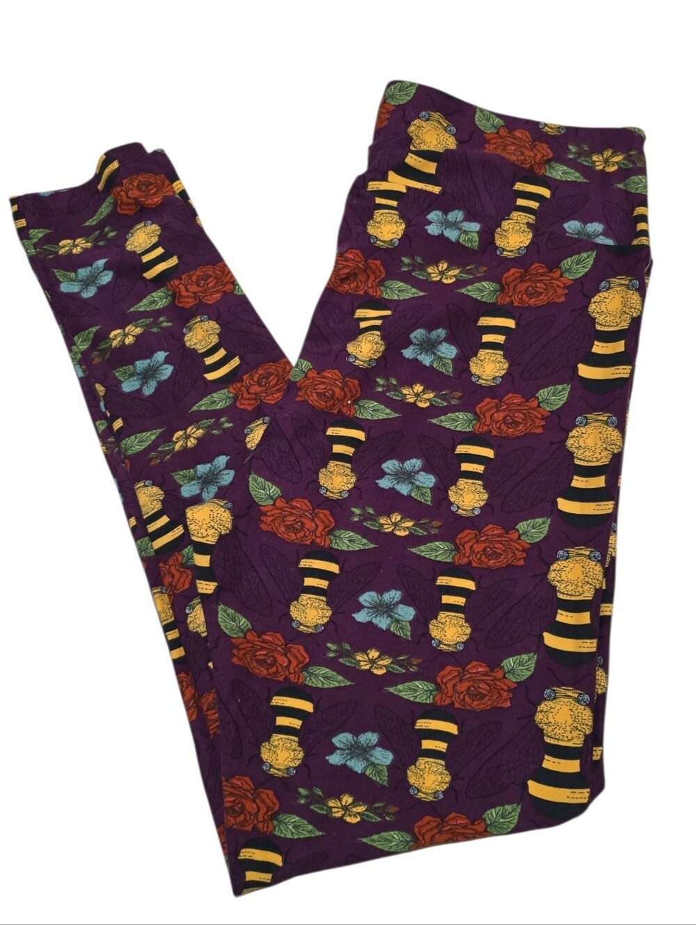 LuLaRoe Purple Floral & Bumblebee Print Tall&Curvy Leggings